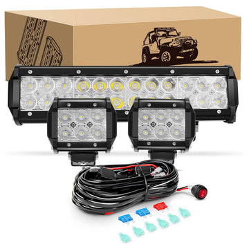 12 Inch 72W Led Light Bar 2PCS 4 Inch 18W LED Pods with 16AWG Off Road Wiring Harness-3 Leads